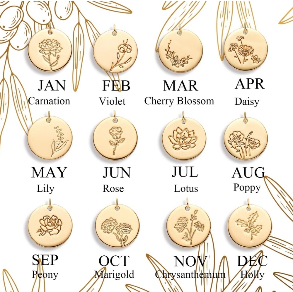 14k Gold Necklace month flower Necklace disc round